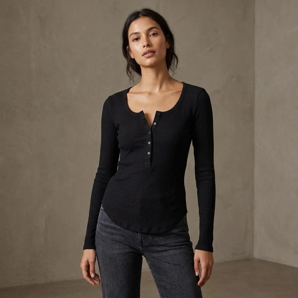 XIRENA Women Henley Top Small Black Cotton Spandex Ribbed Minimalist Basics